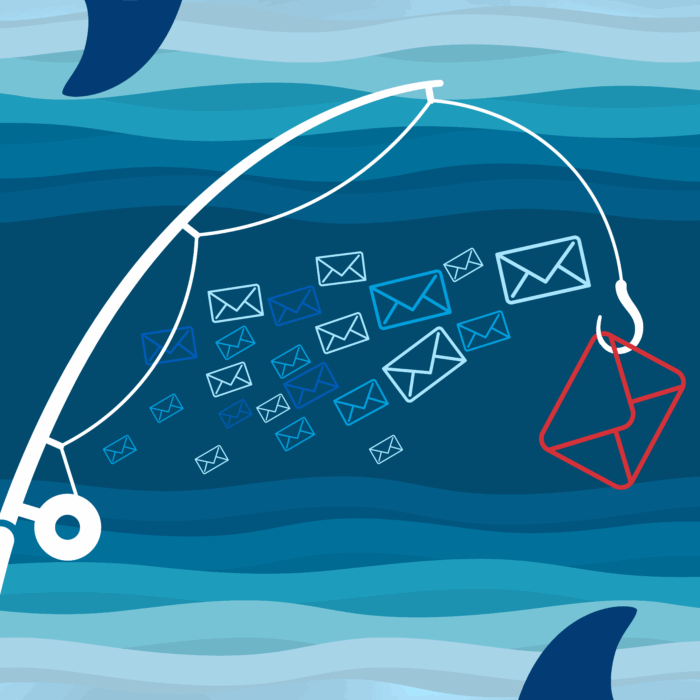 Photo of a fishing pole hooking a red envelope, this is supposed to be a nod to phishing emails